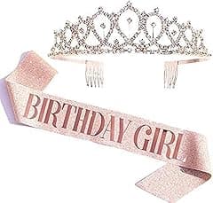 Tiara & Sash Set - 'Birthday Girl' Rose Gold - Glitter Sash & Rhinestone Tiara - One Size - Female - Plastic - Rose Gold - Amazon.ae Price Tracker
