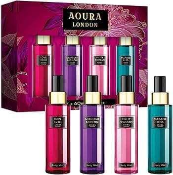 Aoura London Collection Set Women Body Mist Gift Set 4x60ml Long Lasting Fragrance Spray and Body Spray for Women Midnight Passion Love Rush Pretty Woman Paradise Bliss - Amazon.ae Price Tracker