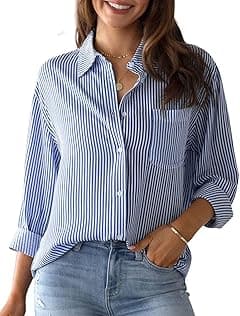 hathne Women's Button Down Striped Shirts Casual V-Neck Long Sleeve Stripes Business Blouses with Pocket - Amazon.ae Price Tracker