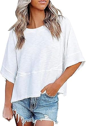 Womens Fashion T-Shirt CrewNeck 3/4 Sleeves Solid Color Loose Basic Pullover Tops Summer Casual Tees Blouses - Amazon.ae Price Tracker