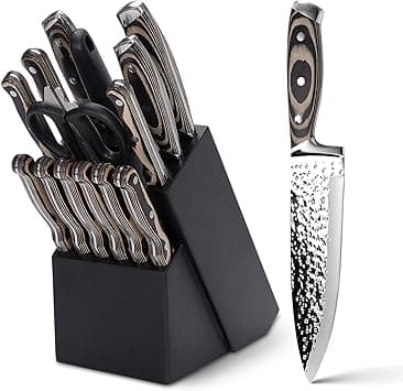 Kitchen Knife Set,15-Piece Knife Set With Block Wooden,Self Sharpening For Chef Knife Set,High Carbon Japan Stainless Steel Hammered Collection Knife Block Set with Steak Knives (Gray) - Amazon.ae Price Tracker