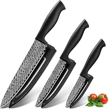 Kitchen Knife Set with Cover 3 Pcs, Black Chef Knife Set for Cooking, Sharp Kitchen Knives with Sheath, 8'' Chef Knife, 5'' Utility, 3.5'' Paring, Damascus Pattern Kitchen Knife for Cutting - Amazon.ae Price Tracker
