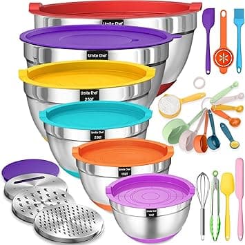 Umite Chef Mixing Bowls with Airtight Lids, 26Pcs Stainless Steel Bowls Set, 3 Grater Attachments & Colorful Non-Slip Bottoms Size 7, 4, 2.5, 2.0,1.5, 1QT, Great for Mixing & Serving - Amazon.ae Price Tracker