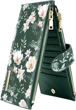 Womens RFID Blocking Glitter Leather Multi Card Organizer Bifold Black Wallet with Zipper Pocket,Dark Green Flowers - Amazon.ae Price Tracker