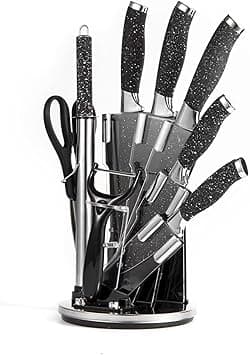 Cuisine Art 9-Piece Professional Kitchen Knife Set with Revolving Stand – Includes Chef, Cleaver, Slicing, Utility, Fruit Knives, Scissors, Sharpening Rod and Potato Peeler - Black - Amazon.ae Price Tracker