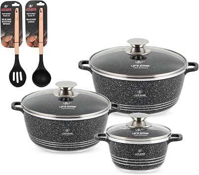 Pots Set 8 pieces - LIFE SMILE Kitchen Cookware set , Granite Non Stick Coating, Die Cast aluminum 100% PFOA FREE include Casseroles & Silicone Utensils (Black (16/20/24CM)) - Amazon.ae Price Tracker