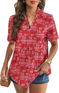 Zeagoo Women Linen Button Down Shirt Rolled Cuffed Short Sleeve Blouse Ladies Summer Casual V Neck Beach Cotton Tops - Amazon.ae Price Tracker