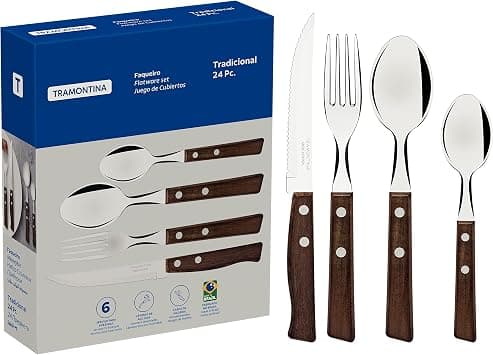 Tramontina Cutlery Set with Steak Knives, 24 Piece Sharp Knife, Forks, Teaspoons, Tablespoons with Wooden Handles, Camping, Kitchen, Rustic, 22299050 - Amazon.ae Price Tracker