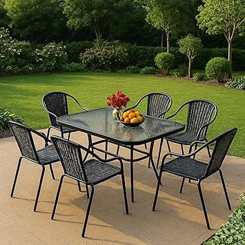 Vital Garden Dining Set Outdoor Furniture | 6 Rattan Chairs with Cushions + 1 Glass-Top Table | Patio Dining Table and Chairs | Anthracite Black Poly Rattan (Black, 7+1) - Amazon.ae Price Tracker