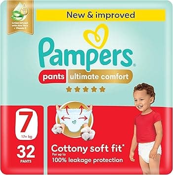 Pampers Ultimate Comfort Pants Diapers, Size 7, 17+kg, Lotion infused with Aloe Vera and Vitamin E, Cottony Soft Fit for up to 100% Leakage Protection, Super Saving Pack, 32 Count - Amazon.ae Price Tracker