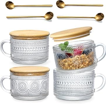 4pcs Set Vintage Coffee Mugs gifts for women, Overnight Oats Containers with Bamboo Lids and Spoons - 14oz Clear Embossed Glass Cups, Cute Coffee Bar Accessories, Iced Coffee Glasses - Amazon.ae Price Tracker