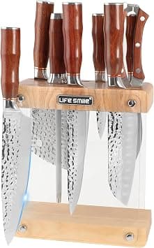 LIFE SMILE Kitchen Knife Set With Transparent Stand - 9 Pieces High Carbon Stainless Steel Block Set with Sharpener - Ergonomic Anti Slip fixed Handle, Ultra Sharp Non Stick Blade - Kitchen Knives - Amazon.ae Price Tracker