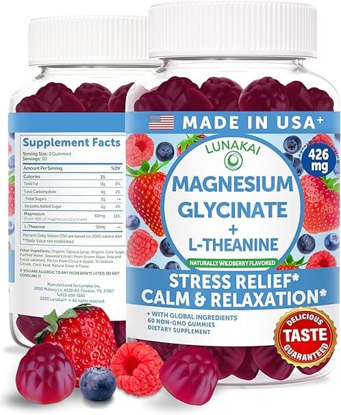 Lunakai Magnesium Glycinate Gummies 426mg with L-Theanine, Made in USA - Calm, Sleep & Stress Relief for Adults & Kids - Non-GMO, Vegan, 60 Count - Amazon.ae Price Tracker