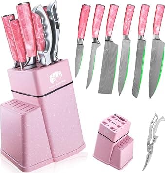 FULLHI 8pcs block Knife Set,chef's Knves Set with Block and Sharpener, Kitchen Knife Set,Multi-colour Handle, Gifts for Men Women (Pink resin) - Amazon.ae Price Tracker