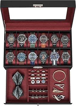 SONGMICS 12-Slot Watch Box, Lockable Watch Case with Glass Lid, 2 Layers, with 1 Drawer for Rings, Bracelets, Gift Idea, Black Synthetic Leather, Wine Red Lining UJWB012R01 - Amazon.ae Price Tracker