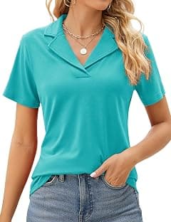 Rapbin Women's Polo Shirts Lapel Collar V Neck Short Sleeve Blouse Dressy Casual Tunic Tops - Amazon.ae Price Tracker