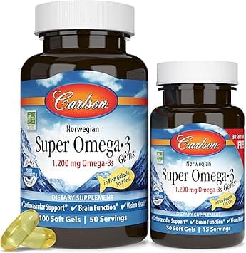 Carlson Super Omega-3 Gems, Pescetarian, Norwegian, 1,200 mg Omega-3s, 100 + 30 Soft Gels - Amazon.ae Price Tracker