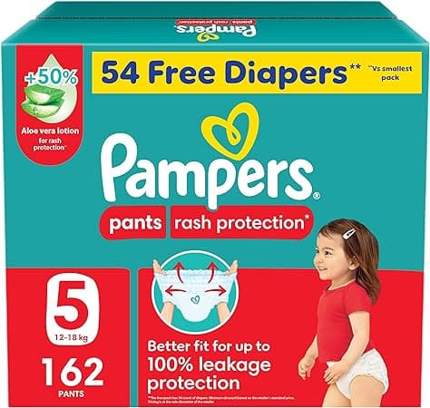 Pampers Rash Protection Pants Diapers, Size 5, 12-18kg, +50% Aloe Vera Lotion, 360° Leak-Free Fit for up to 100% Leakage Protection, Super Saver Box, 54 Free Diapers, 162 Count - Amazon.ae Price Tracker