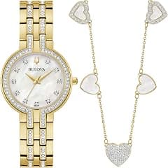 Bulova-Ladies' Crystal Gold-Tone Stainless Steel Box Set with White Mother-of-Pearl Dial 3-Hand Quartz-Watch and MOP Crystal Accent Hearts Pendant-Necklace, 30mm Style:98X138 - Amazon.ae Price Tracker