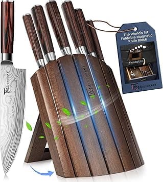Knife Block Set, 7 Piece Japanese Style Kitchen Knives With Collapsible Block-Drawer Or Countertop Organizer, Ultra Sharp High Carbon Steel Cutting Knife With Wooden Handle, House Warming Gift - Amazon.ae Price Tracker
