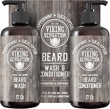 Viking Revolution Beard Wash & Conditioner Set w/Argan & Jojoba Oils – Softens, Smooths & Strengthens Beard Growth - Natural Peppermint and Eucalyptus Scent - Shampoo (17 oz) - Amazon.ae Price Tracker