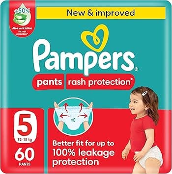 Pampers Rash Protection Pants Diapers, Size 5, 12-18kg, +50% Aloe Vera Lotion, 360° Leak-Free Fit for up to 100% Leakage Protection, Giant Pack, 60 Count - Amazon.ae Price Tracker