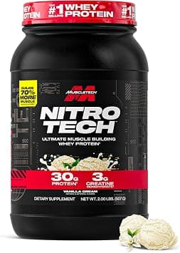 Muscletech NitroTech Whey Protein Ultimate Muscle Building Formula with a Unique Blend of Whey Protein Isolate & Peptides - 30gm Protein, 3gm Creatine & 6.8gm BCAAs, Vanilla Cream Flavor, 2.20 lbs - Amazon.ae Price Tracker