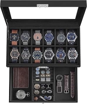 SONGMICS 12-Slot Watch Box, Lockable Watch Case with Glass Lid, 2 Layers, with 1 Drawer for Rings, Bracelets, Gift Idea, Black Synthetic Leather, Black Lining UJWB012B03 - Amazon.ae Price Tracker