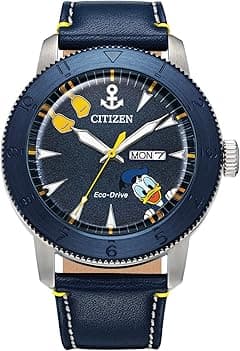 Citizen Eco-Drive Men's Disney Donald Duck Watch, Blue IP Stainless Steel on Blue Leather Strap, 3-Hand Day Date, Luminous, 44mm (Model: AW0075-06W), Silver-Tone - Amazon.ae Price Tracker