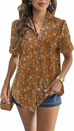 Zeagoo Women Linen Button Down Shirt Rolled Cuffed Short Sleeve Blouse Ladies Summer Casual V Neck Beach Cotton Tops - Amazon.ae Price Tracker