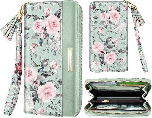 Wallets for Women PU Leather Card Holder Organizer Ladies Clutch with Tassel Wristlet Wrist strap, Green Flowers, long purse, Casual - Amazon.ae Price Tracker