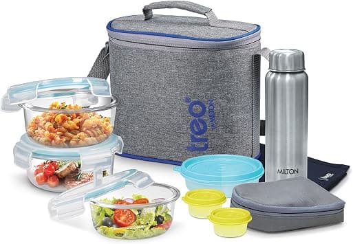 Treo By MILTON 10-Piece Glass Lunch Box Set with Insulated Bag & Dinning Mat - 3 Round Food Containers (400ml Each), 750ml Steel Bottle, 200ml & 2 Pcs (30ml Each) Boxes - All Fresh Premier - Grey - Amazon.ae Price Tracker