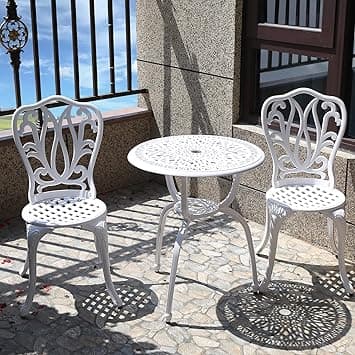 C/G 3 Piece Bistro Set,Outdoor Patio Set,Anti-Rust Cast Aluminum Bistro Table Set for Park Yard Front Porch Furniture(New White)… - Amazon.ae Price Tracker