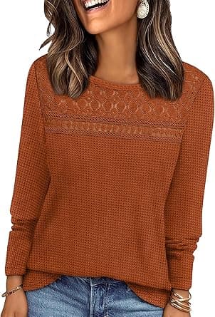 WIHOLL Womens Lace Long Sleeve Shirts Fall Tops Fashion Dressy Casual Lightweight Sweaters Mesh Clothes Trendy Waffle Knit - Amazon.ae Price Tracker
