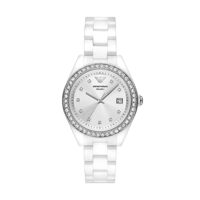 Emporio Armani Women's Watch Three-Hand Date, Silver and White Ceramic, AR70014