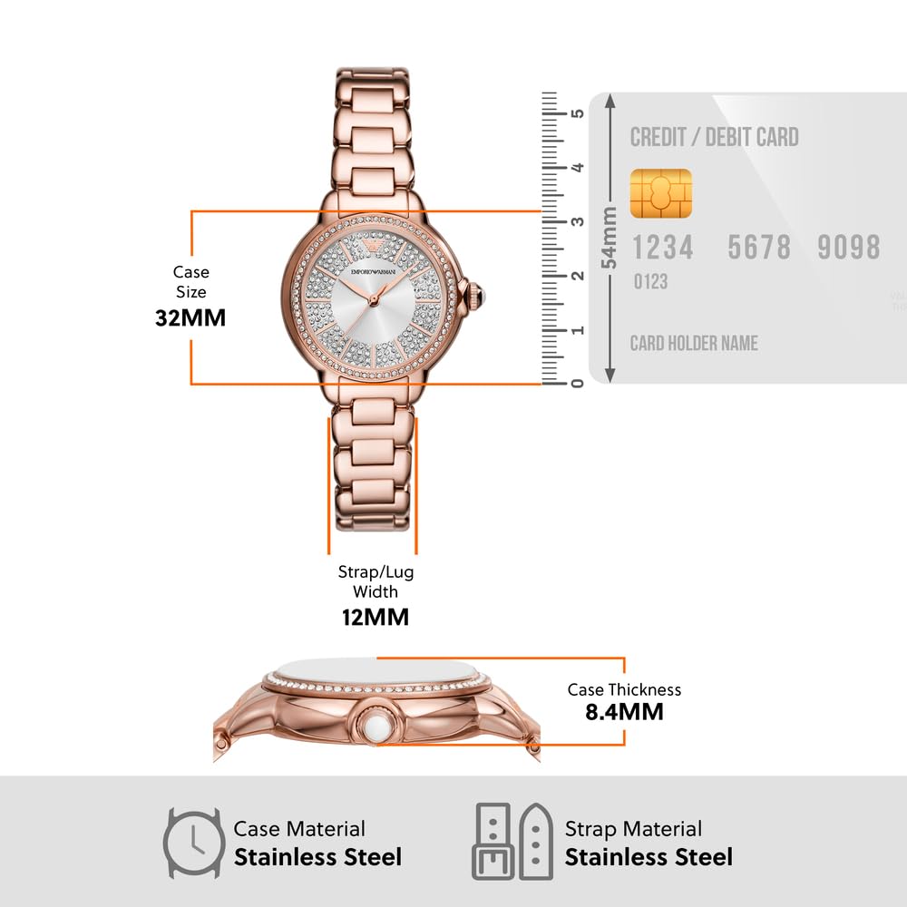 Emporio Armani Watch for Women, Three Hand Quartz Movement and 32mm Case Size with Stainless Steel, Leather or Silicone Strap