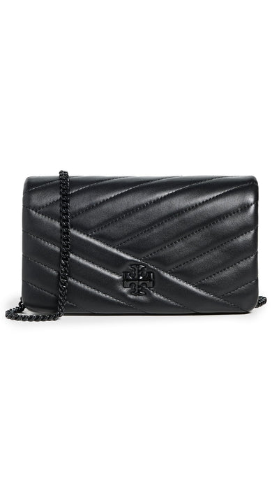 Tory Burch Women's Kira Chevron Powder Coated Chain Wallet, Black, One size