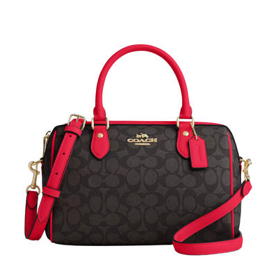 Coach Rowan Satchel Bag In Signature Canvas (Gold/Walnut/Bold Red)