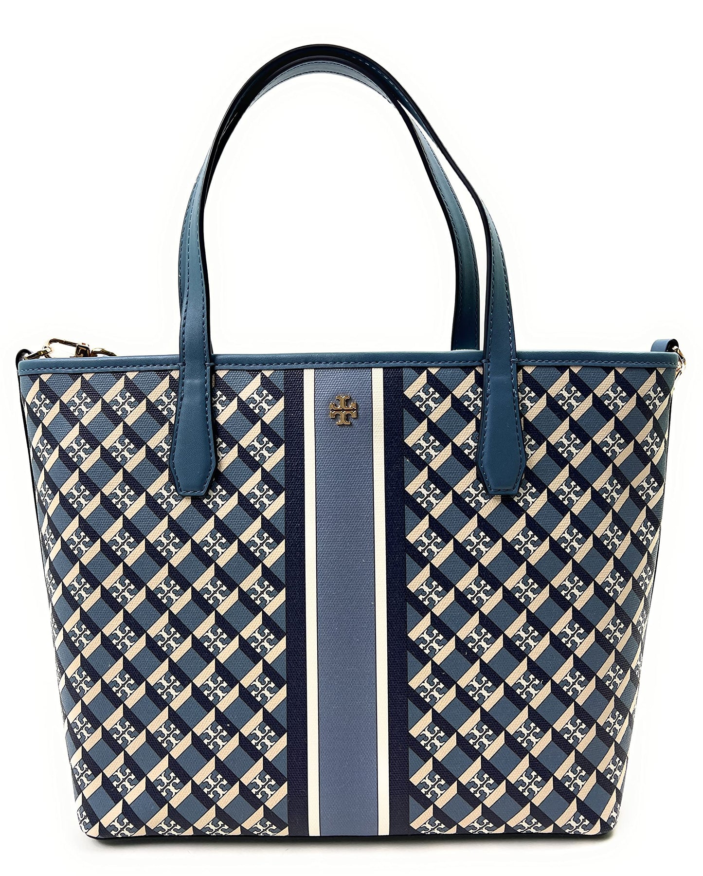 Tory Burch Women's Geo Logo Mini Top Zip Tote (Navy Geo Logo With Stripe)