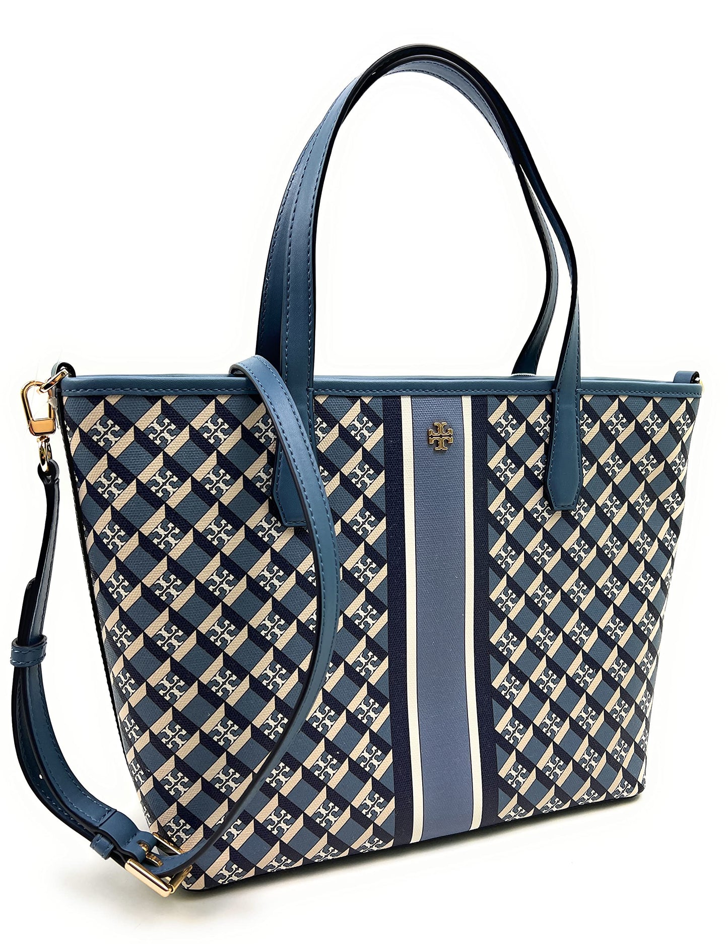 Tory Burch Women's Geo Logo Mini Top Zip Tote (Navy Geo Logo With Stripe)
