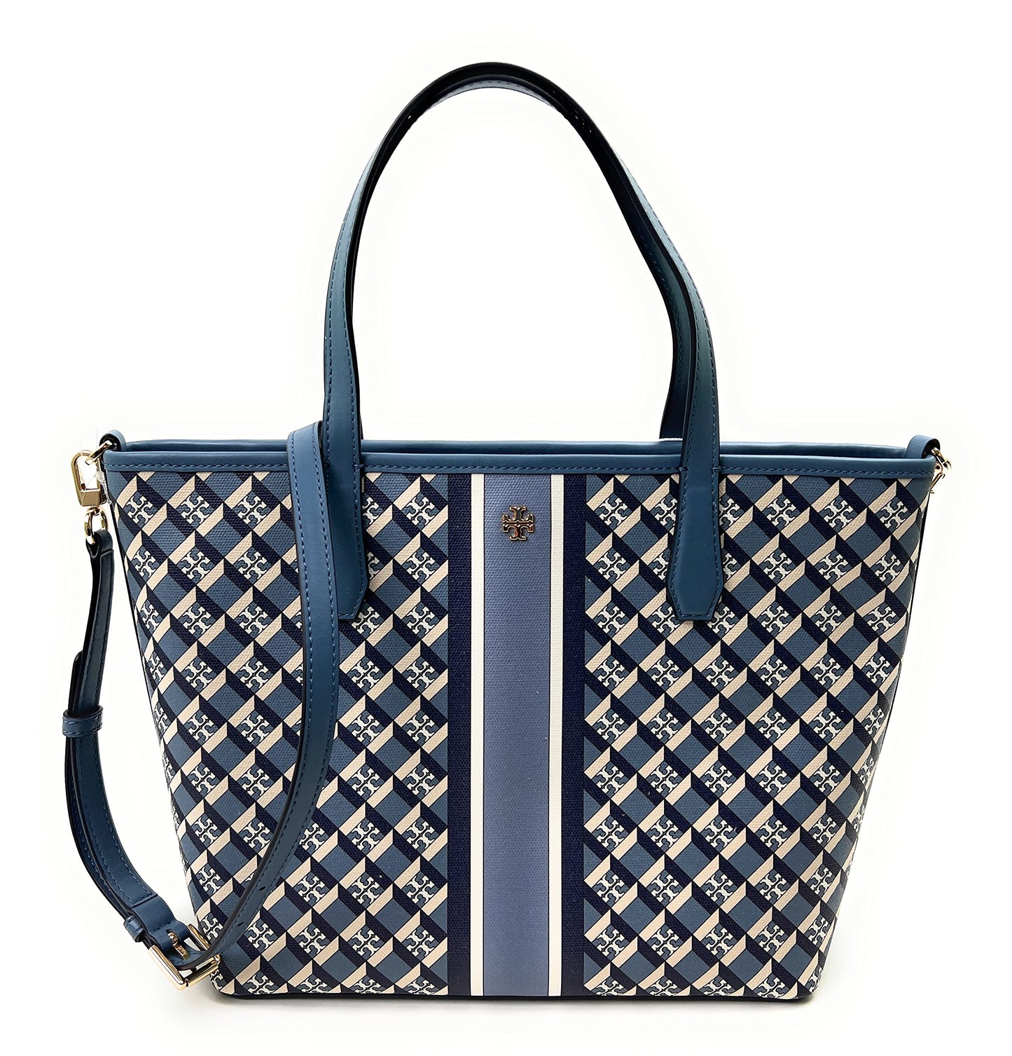Tory Burch Women's Geo Logo Mini Top Zip Tote (Navy Geo Logo With Stripe)