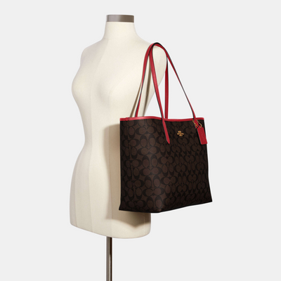 Coach City Tote Bag In Signature Canvas (Gold/Brown Red) 5696