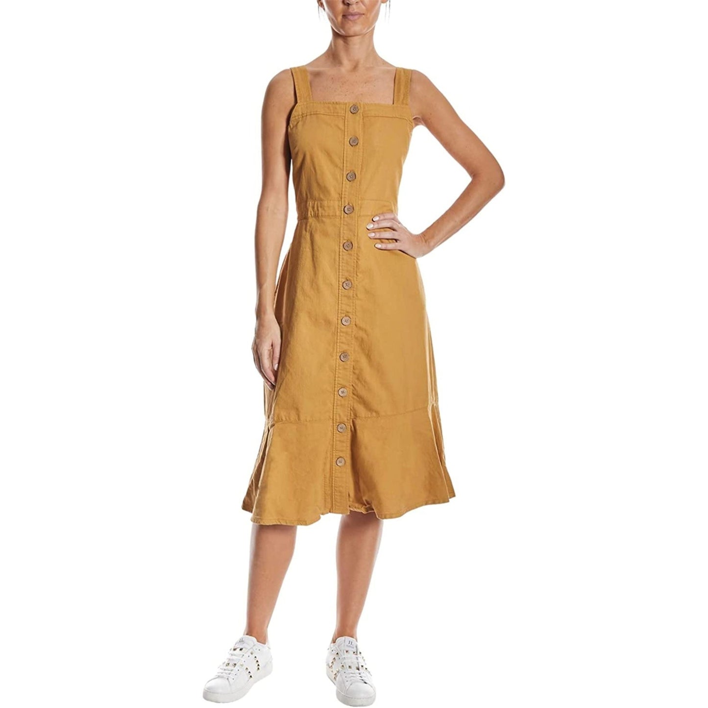 OAT-100% Cotton Midi Dress - OAT (Flounce Midi Dress) Mustard (Size X-Small) - Brandat Outlet