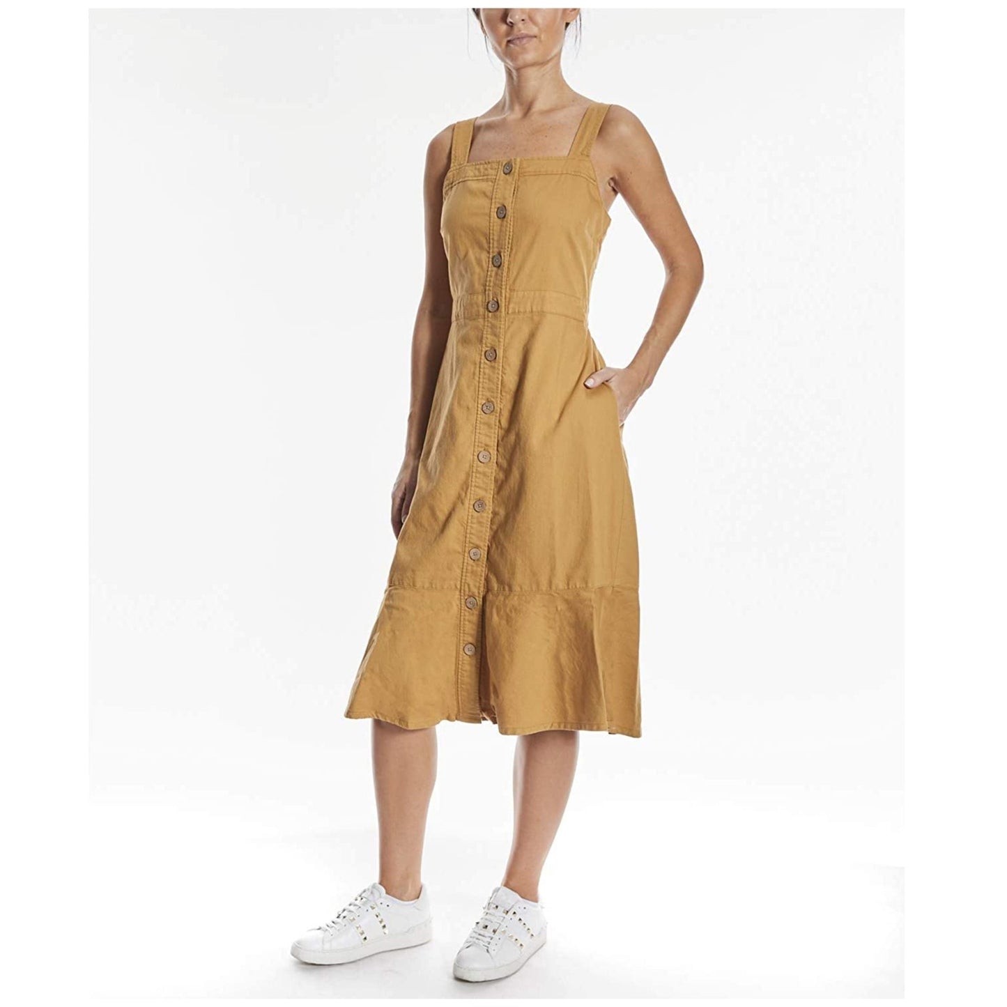 OAT-100% Cotton Midi Dress - OAT (Flounce Midi Dress) Mustard (Size X-Small) - Brandat Outlet