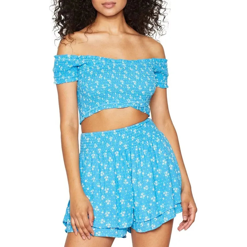 BCBGeneration-BCBGeneration Floral-Print Smocked Crop Top, Blue, Size: XS - Brandat Outlet