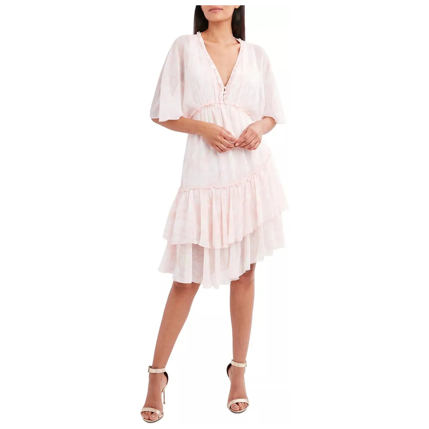 BCBGMAXAZRIA-BCBGMAXAZRIA Printed Ruffled Asymmetrical-Hem Dress , Pink, Size: M - Brandat Outlet