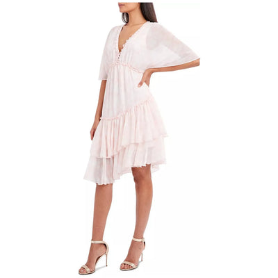 BCBGMAXAZRIA-BCBGMAXAZRIA Printed Ruffled Asymmetrical-Hem Dress , Pink, Size: M - Brandat Outlet