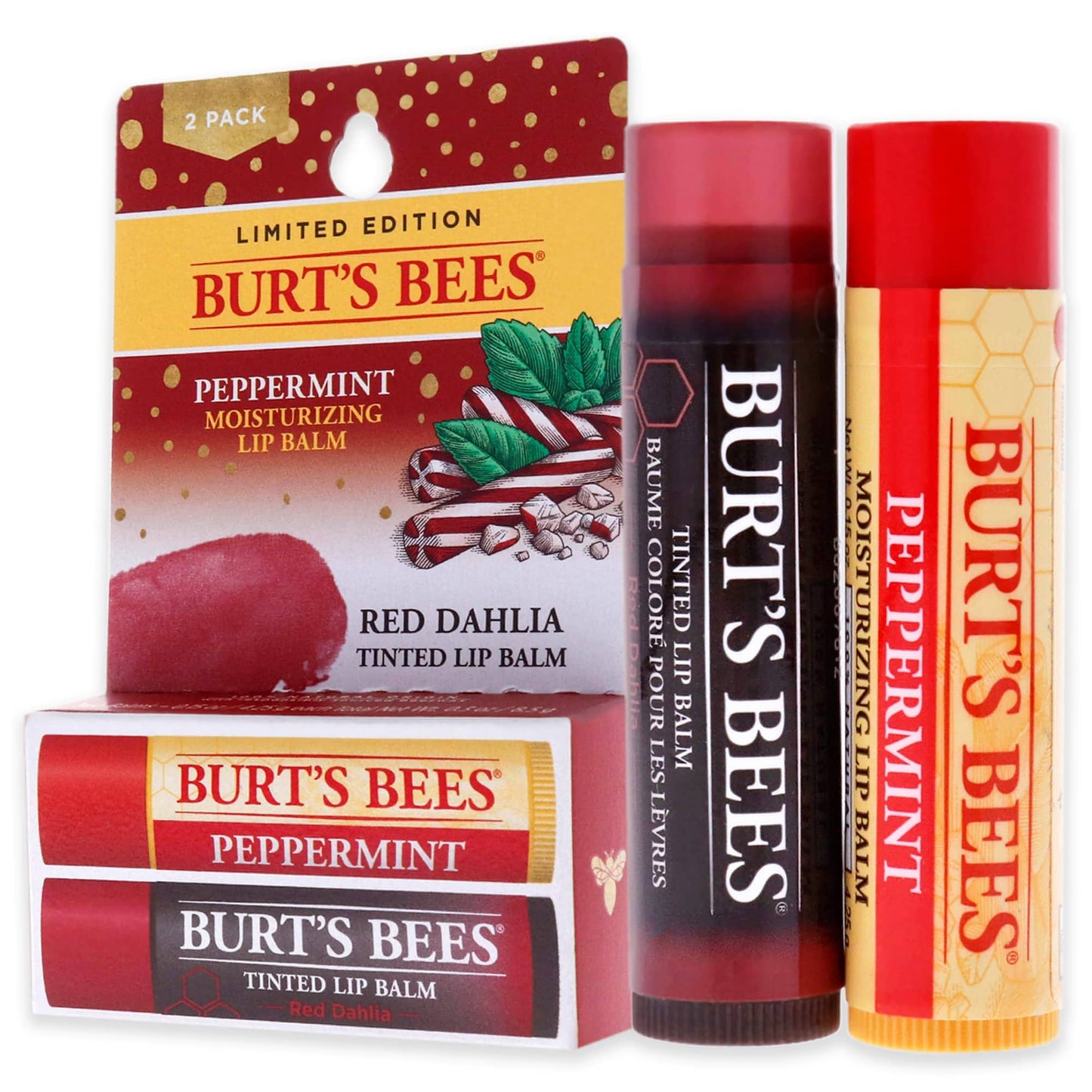 Burts Bees-Burts Bees Lip Balm Kit by Burts Bees for Unisex - 2 x 0.15oz Lip Balm Peppermint, Red Dahlia Tinted White - Brandat Outlet