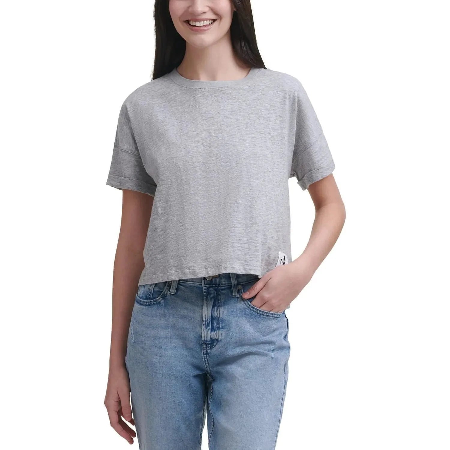 Calvin Klein-Calvin Klein Jeans Cropped Boxy-Fit Cotton T-Shirt -Pearl Heather Grey (Size Medium) - Brandat Outlet