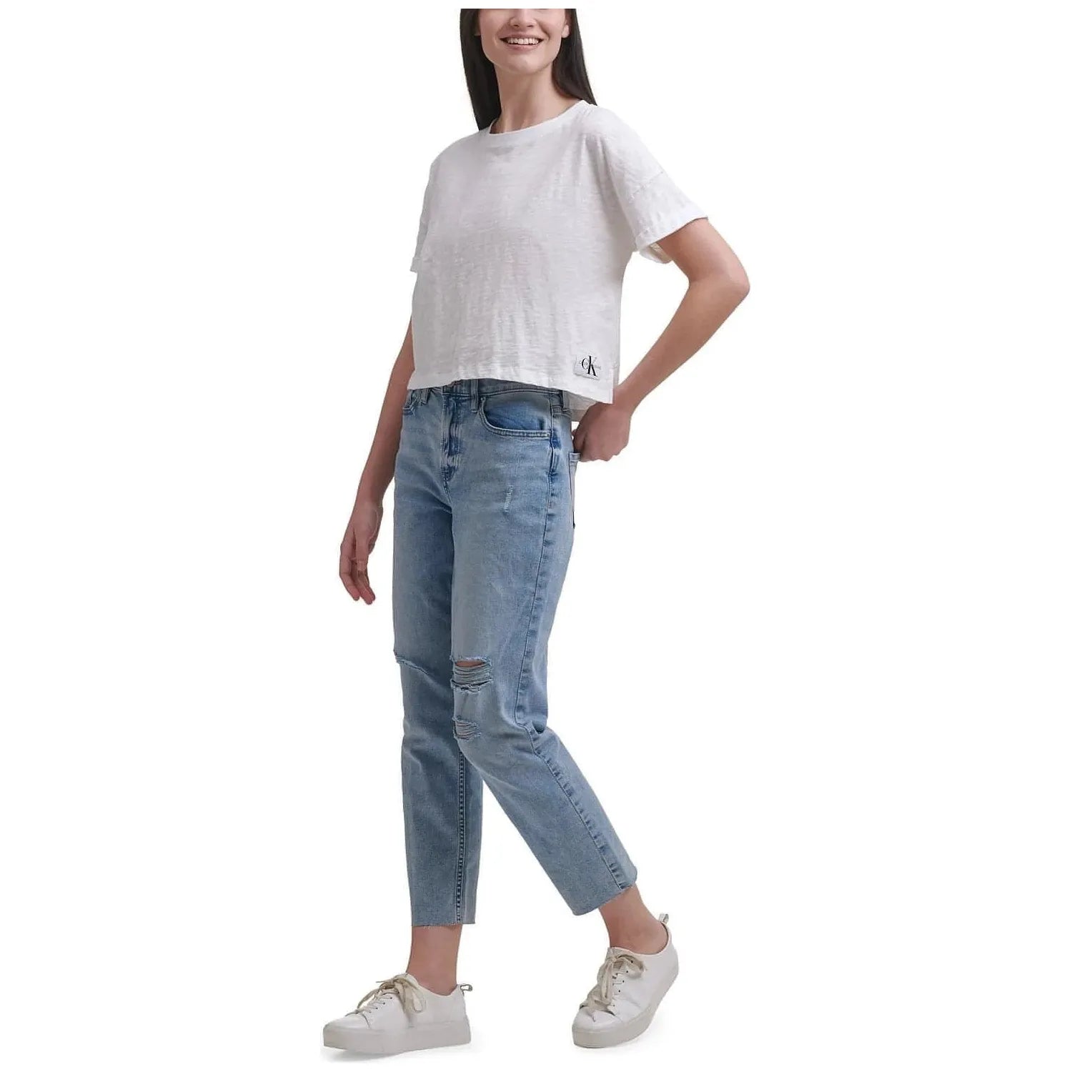 Calvin Klein-Calvin Klein Jeans Cropped Boxy-Fit Cotton T-Shirt, White, Size: L - Brandat Outlet